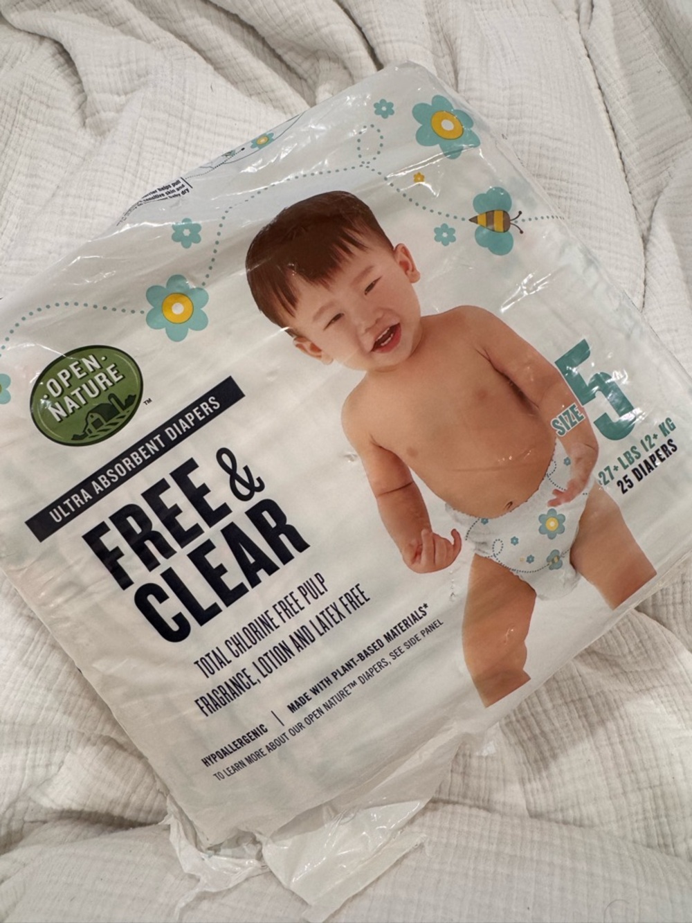Open Nature absorbant diapers Sz 5 free & clear (21 diapers)